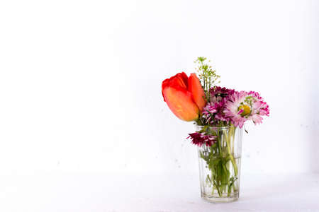 Tulip and pink flowers in a glass cup on a white background.の写真素材