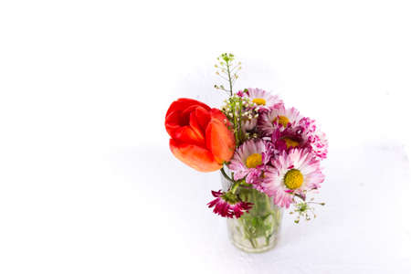 Tulip and pink flowers in a glass cup on a white background.の写真素材
