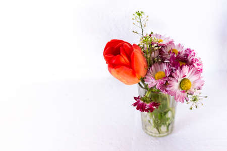 Tulip and pink flowers in a glass cup on a white background.の写真素材