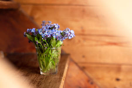 Blue wildflowers in a glass cup on a wooden background. Forget me nots.の写真素材