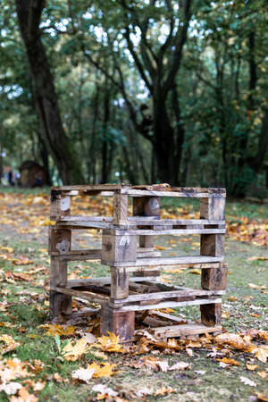 Wooden pallets stacked in autumn forestの写真素材