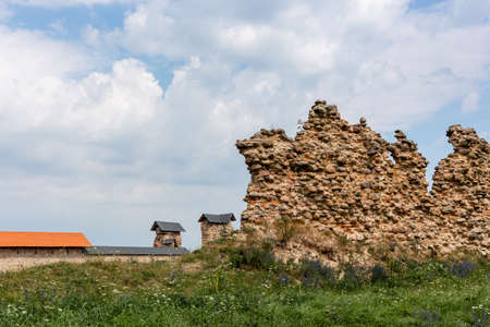Stork in a nest built on a high pillarの写真素材