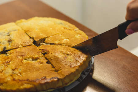 Homemade meat pie on the kitchen tableの写真素材
