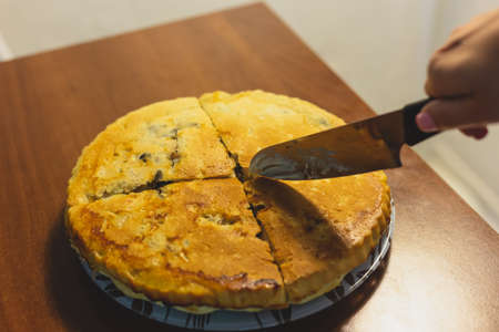 Homemade meat pie on the kitchen tableの写真素材