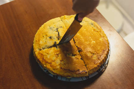 Homemade meat pie on the kitchen tableの写真素材