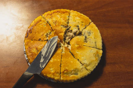 Homemade meat pie on the kitchen tableの写真素材