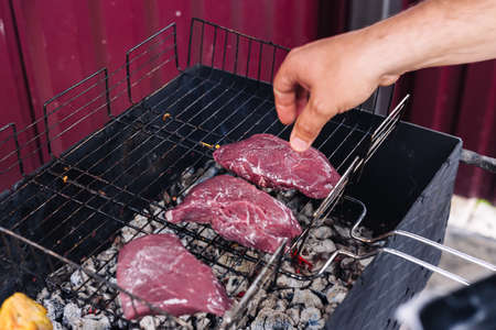 The steak is grilled. Steak on the wire rack.の写真素材
