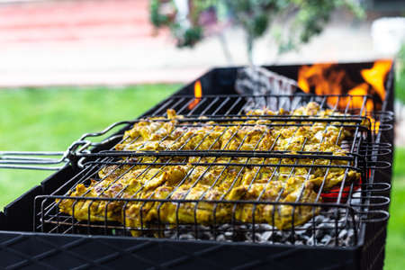 Chicken kebab is cooked on the grill. Grilled meat.の写真素材