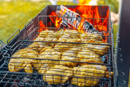 Chicken kebab is cooked on the grill. High quality photoの写真素材
