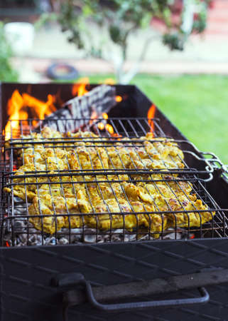 Chicken kebab is cooked on the grill. Grilled meat.の写真素材