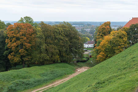 Green hills and yellowed autumn trees. Cloudy.の写真素材