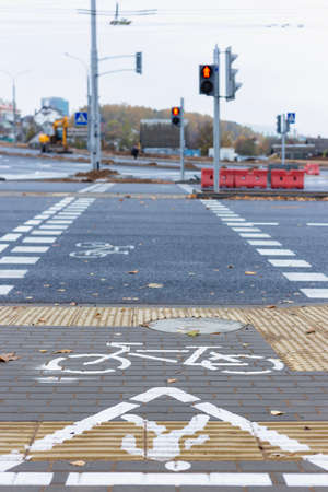 Bicycle path passing through the pedestrian crossing.の写真素材