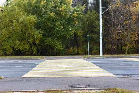 Yellow - white pedestrian crossing across the carriagewayの写真素材