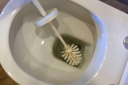 Cleaning the toilet bowl with a toilet brush.