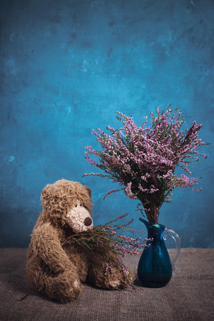 Still life with a teddy bear and heather in a vase on a blue backgroundの写真素材