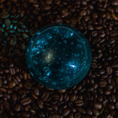 Blue glass bowl on coffee beans. Background from coffee beans.の写真素材