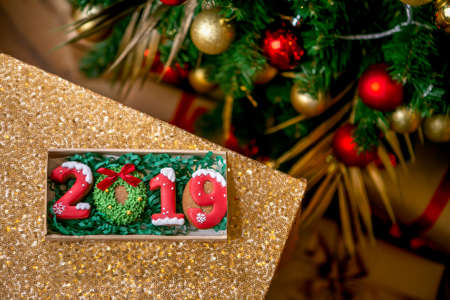 Cookie in the form of a numbers 2019 in carton box in front of decorated fir tree. Holiday sweets....