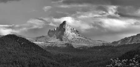 Dramatic landscape in Dolomites Mountains, Italy. Vintage black and white landscape with added grain.の写真素材