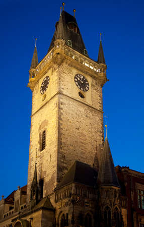 Prague town hall in the night, view from below