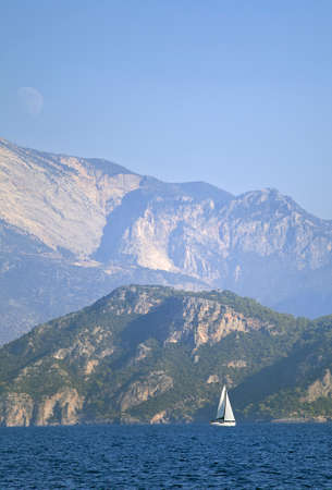 Yachting in Turkey - view of yachts and mountains from the seaの写真素材