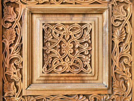 Close-up of a traditional carved wooden door, Uzbekistanの写真素材