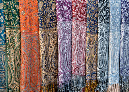 Colorful scarves on an oriental bazaar market in Bukhara, Uzbekistanの写真素材