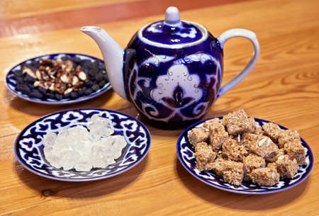 Traditional Uzbek served tea and sweetsの写真素材