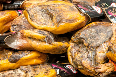 SANTIAGO DE COMPOSTELA, SPAIN - MAY 01, 2015 - Jamon in a shop