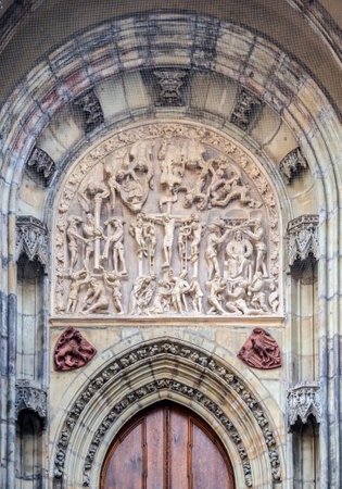 Detail of a side door of Saint Vitus cathedral in Prague, Czech Republicの写真素材
