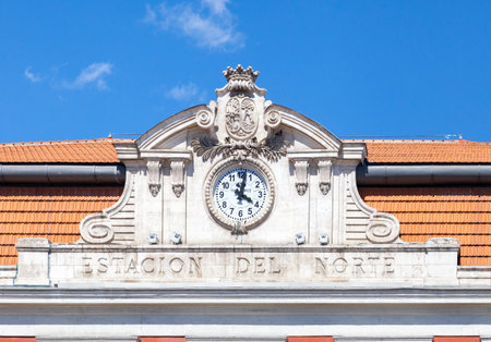 Estacion del Norte, Madrid, detail of the facade with the clockの写真素材