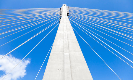 Steel cables of Swietokrzyski bridge over the Vistula river in Warsaw, Polandの写真素材