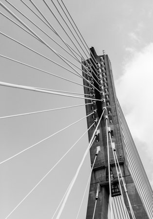 Steel cables of Swietokrzyski bridge over the Vistula river in Warsaw, Poland