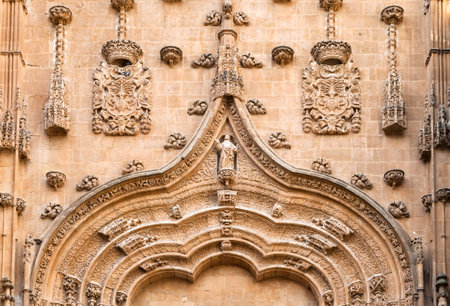 Elaborate stone details decorate the entrance of the cathedral in Salamanca, showcasing the city's...