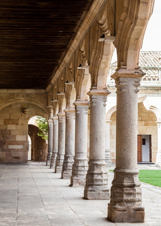 Visitors admire the intricate details of the ancient columns in a serene cloister, surrounded by history.の写真素材