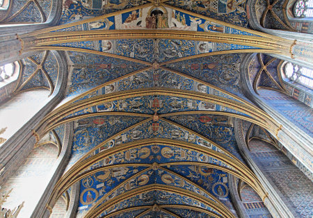 View of the stunning decorated ceiling, capturing the vibrant colors and intricate designs.の写真素材