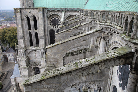 Explore the stunning Gothic architecture and flying buttresses of Chartres Cathedral.の写真素材