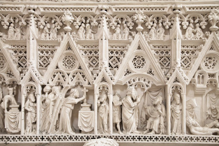 Alcobaca, Portugal - April 2, 2017 - Detailed carvings of king Pedro I tomb showcase biblical events and figures inside Monastery Santa Mariaの写真素材