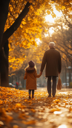 A grandfather smiles while holding his granddaughter, both dressed in warm clothes, surrounded by golden autumn leavesの素材