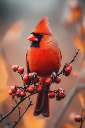 A red cardinal sits on a branch covered in frost and clusters of red berries, showing its vibrant plumage against a blurred winter backgroundの素材