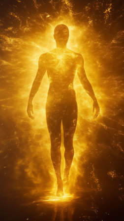 A human silhouette stands surrounded by radiant golden light, suggesting a connection to the cosmos and energyの素材