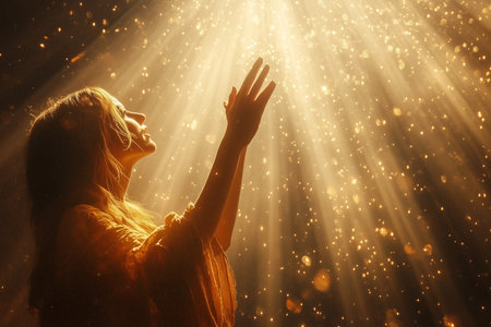 A figure extends their hand to shimmering lights that illuminate the darkness, creating a magical atmosphereの素材