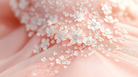 Close-up view of intricate floral embellishments on pink fabric, showcasing craftsmanship and texture during a fashion displayの素材