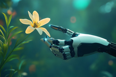 A metallic robotic hand extends gently toward vibrant orange flower amidst a rich green backdropの素材