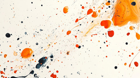 Bright splashes of orange, black, and gray paint create an abstract composition against a white canvasの素材