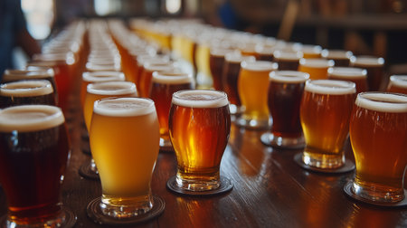 Multiple mugs of beer are lined up on a wooden table within a brewery, showing different beer types and colorsの素材