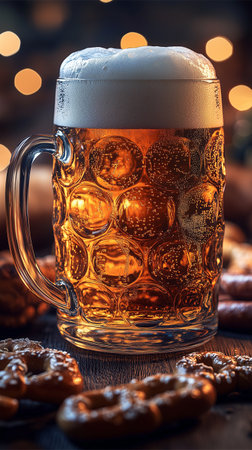 Beer in a large mug pairs with pretzels and sausages, creating a lively outdoor celebration atmosphere in autumnの素材