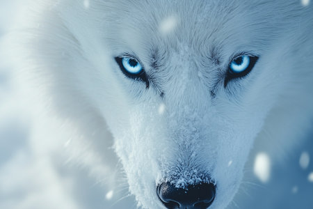 A dog with a snowy coat gazes calmly in a winter setting, highlighting its striking eyes and frost-covered fur.の素材