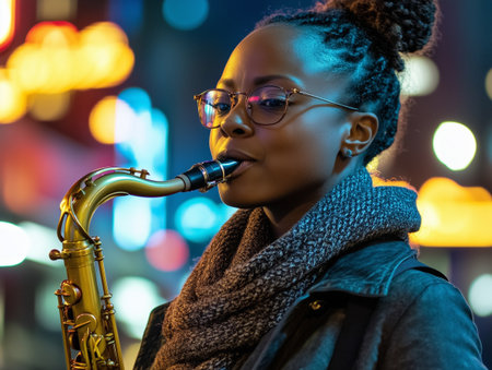 A talented musician performs on the street, playing a saxophone amidst the colorful glow of city lights.の素材