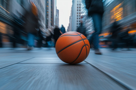 A basketball rolls along a city sidewalk as blurred figures of people walk past in the twilight.の素材