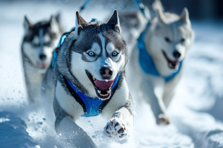 Three Siberian huskies joyfully sprinting through snow, showing their strength and lively spirit in winter.の素材